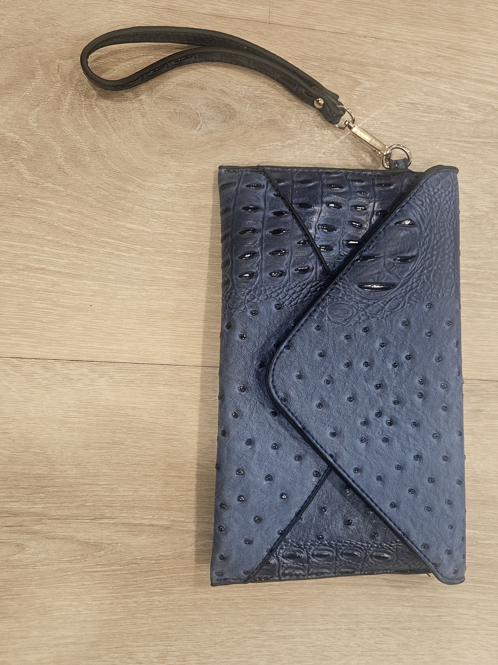 Blue Faux Ostrich Textured Wristlet Clutch